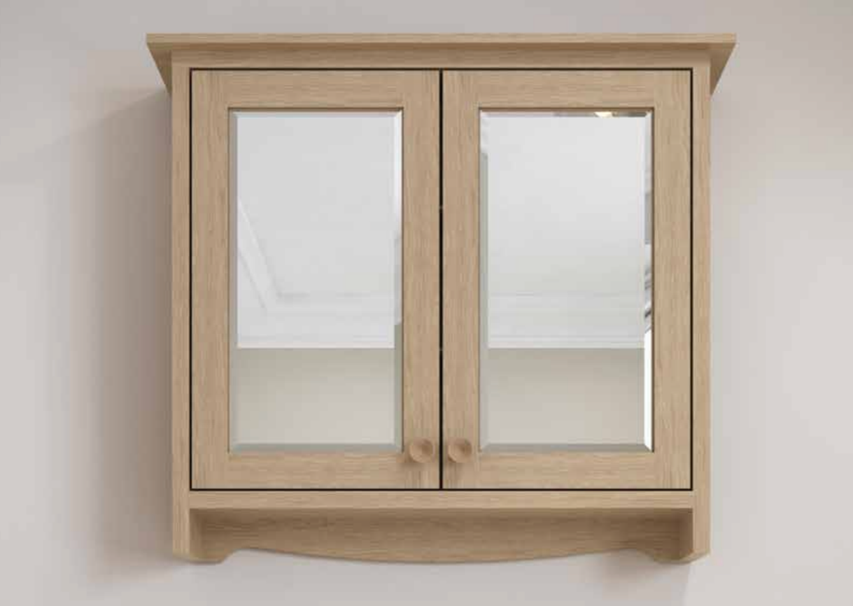560 washstand with gold pillar taps with soap dish and wall cabinet in light oak