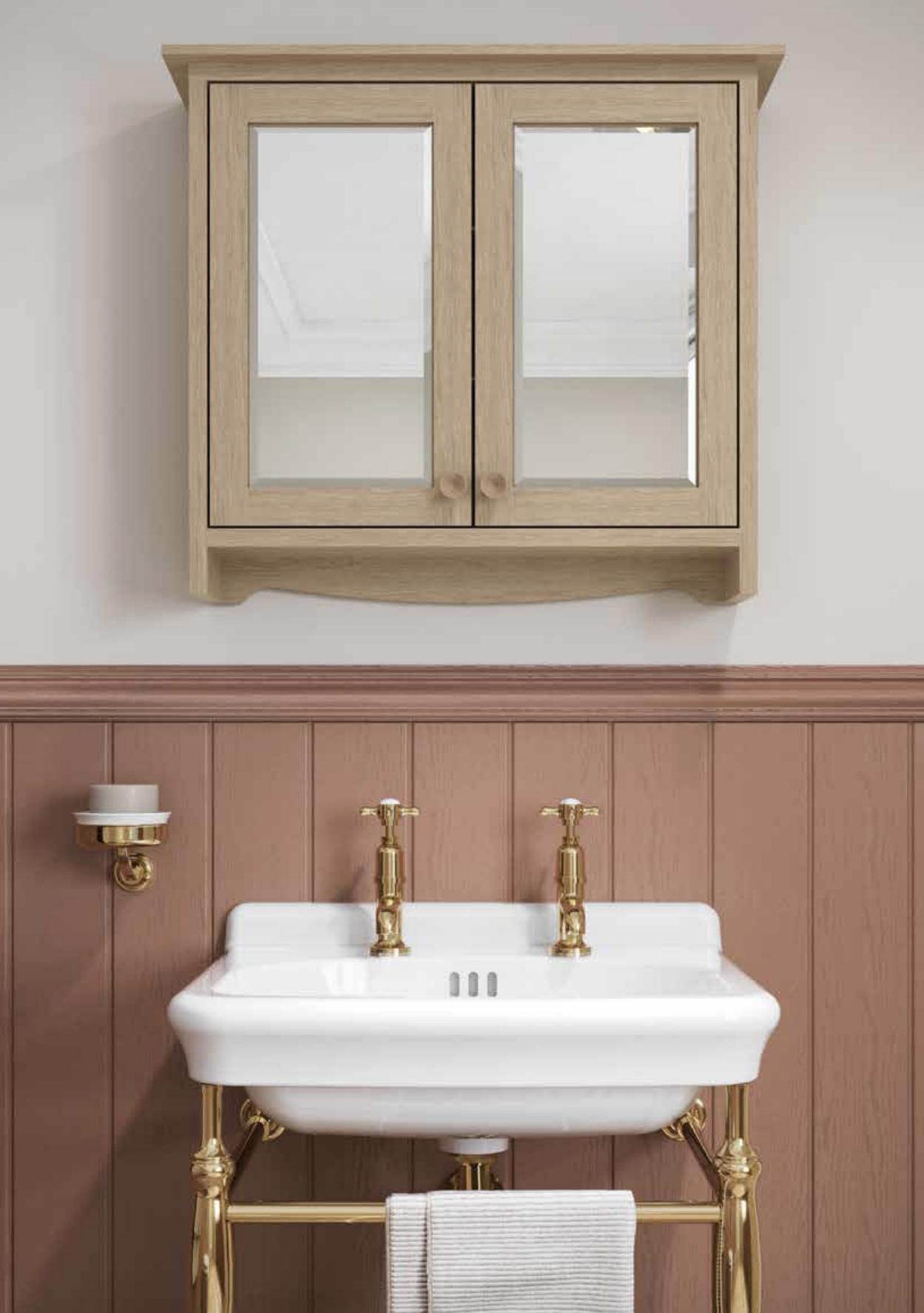 560 washstand with gold pillar taps with soap dish and wall cabinet in light oak