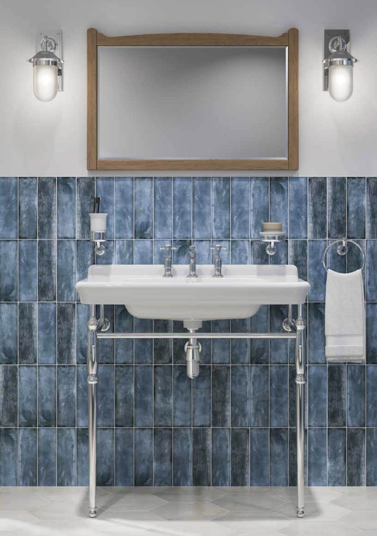850 washstand with chrome three tap hole brassware frosted lights tumbler holder towel ring soap dish and light oak mirror