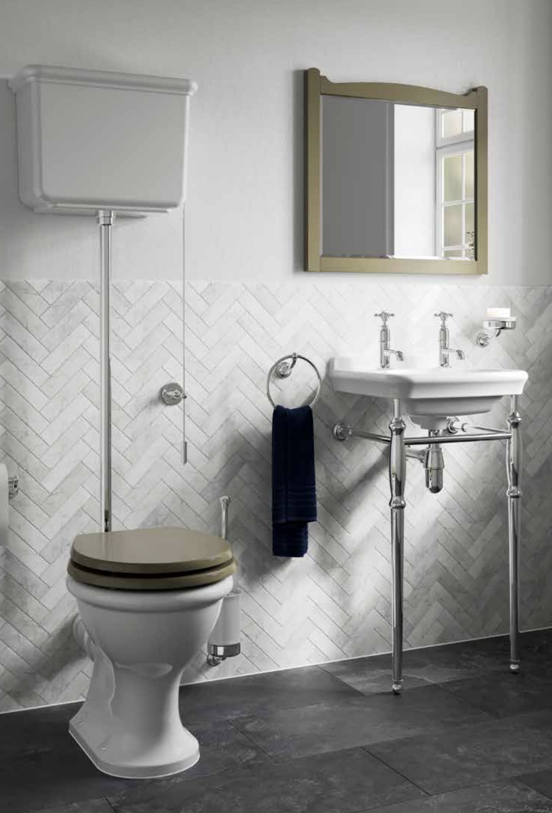 High level wc with Carlyle Green seat plus washstand basin with chrome pillar taps and Carlyle Green mirror