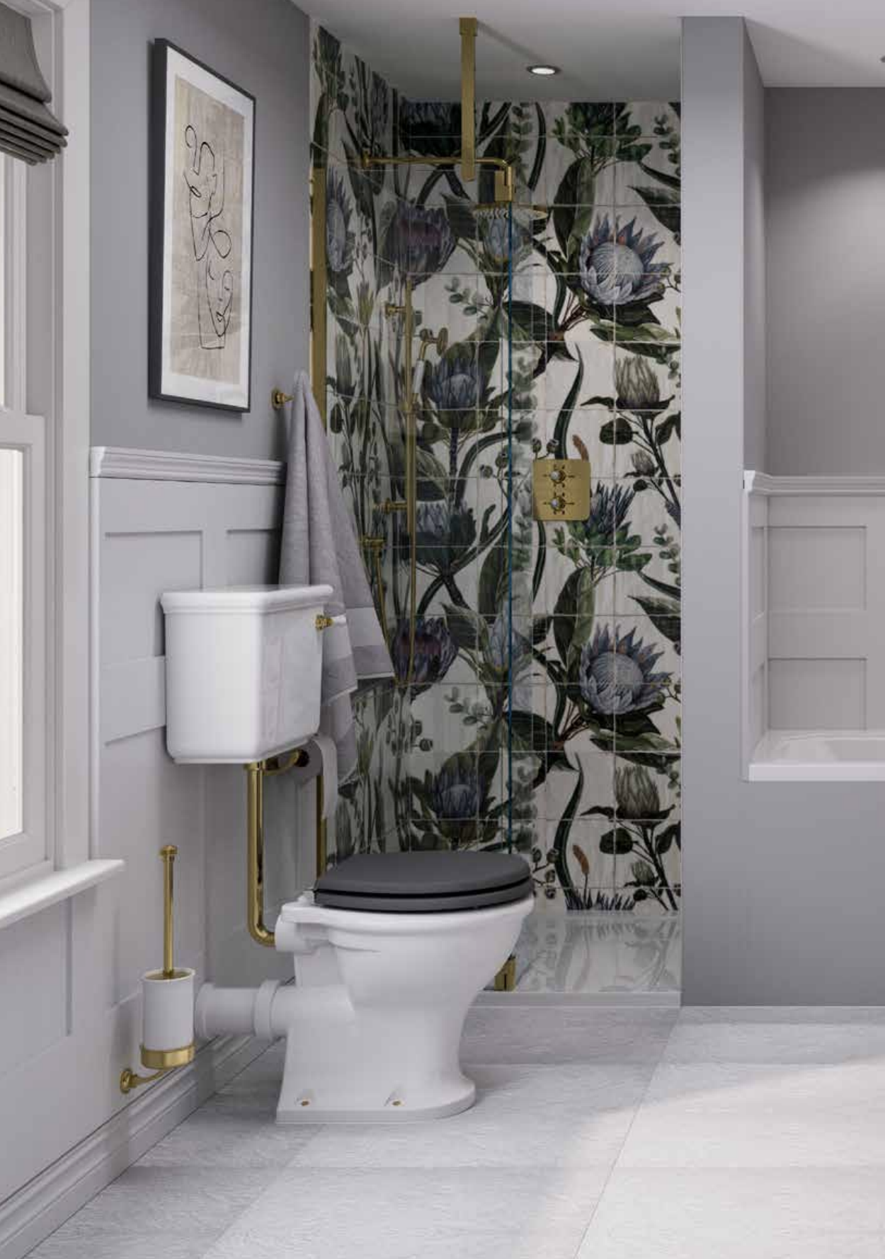 Low level toilet with Ashbee Green seat and Gold finish plus dual outlet gold shower