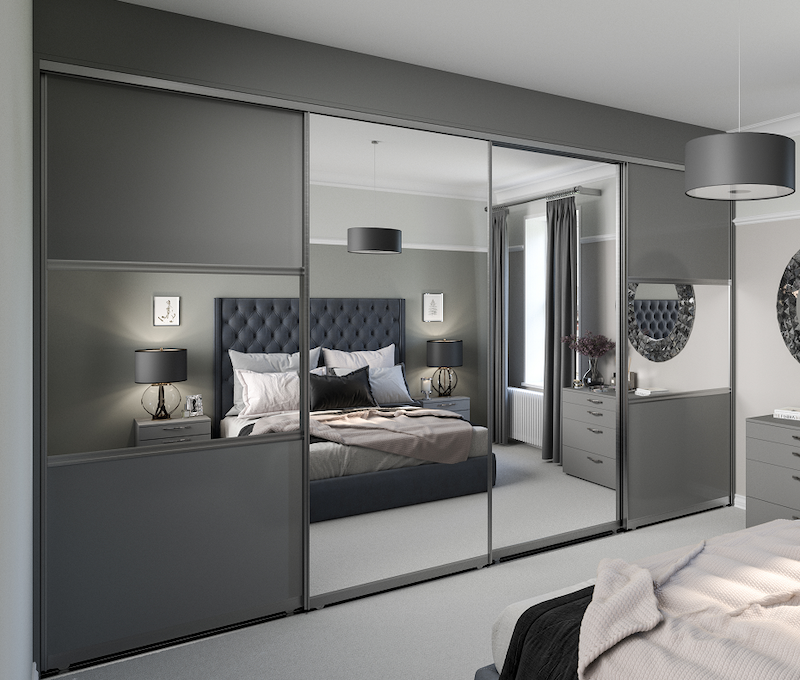 Shape frame in satin silver, satin anthracite glass and silver mirror doors and matt anthracite liners and infill