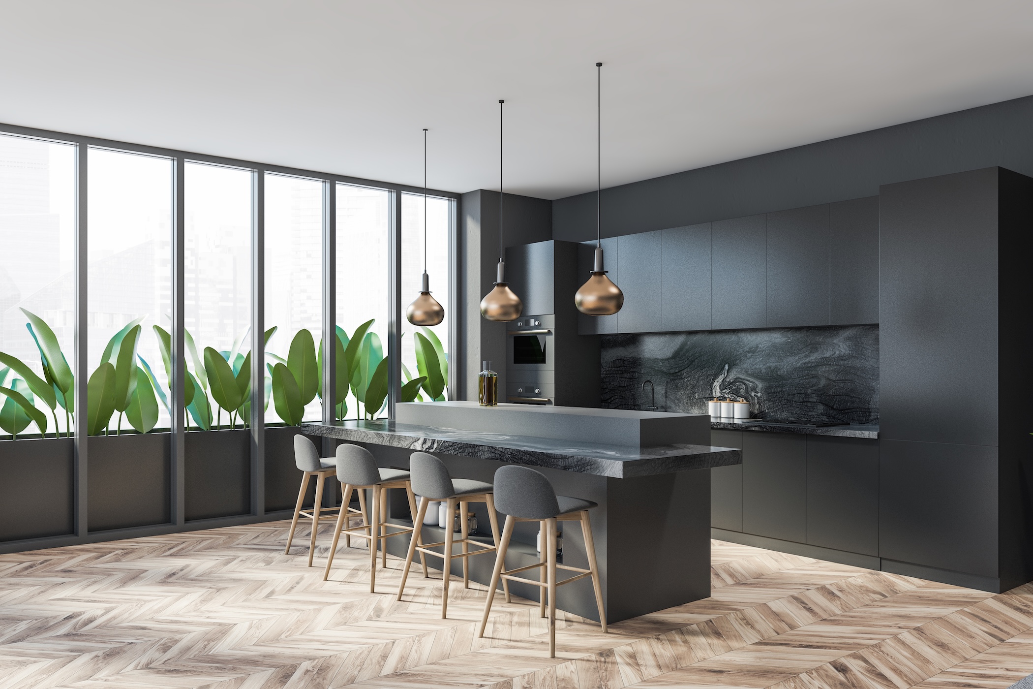 Dark modern kitchen room interior with four barstool