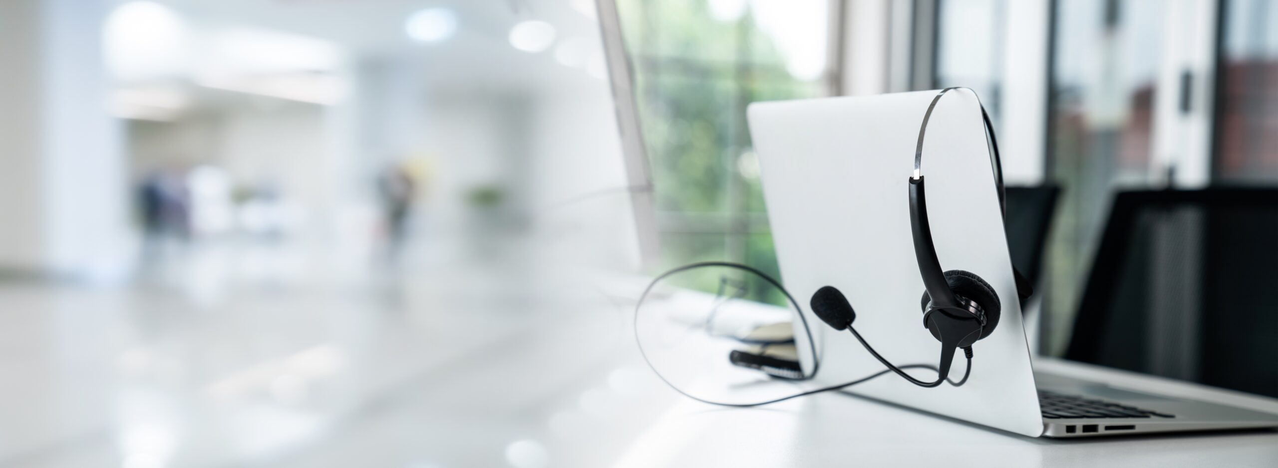 Headset and customer support equipment at call center ready for actively service
