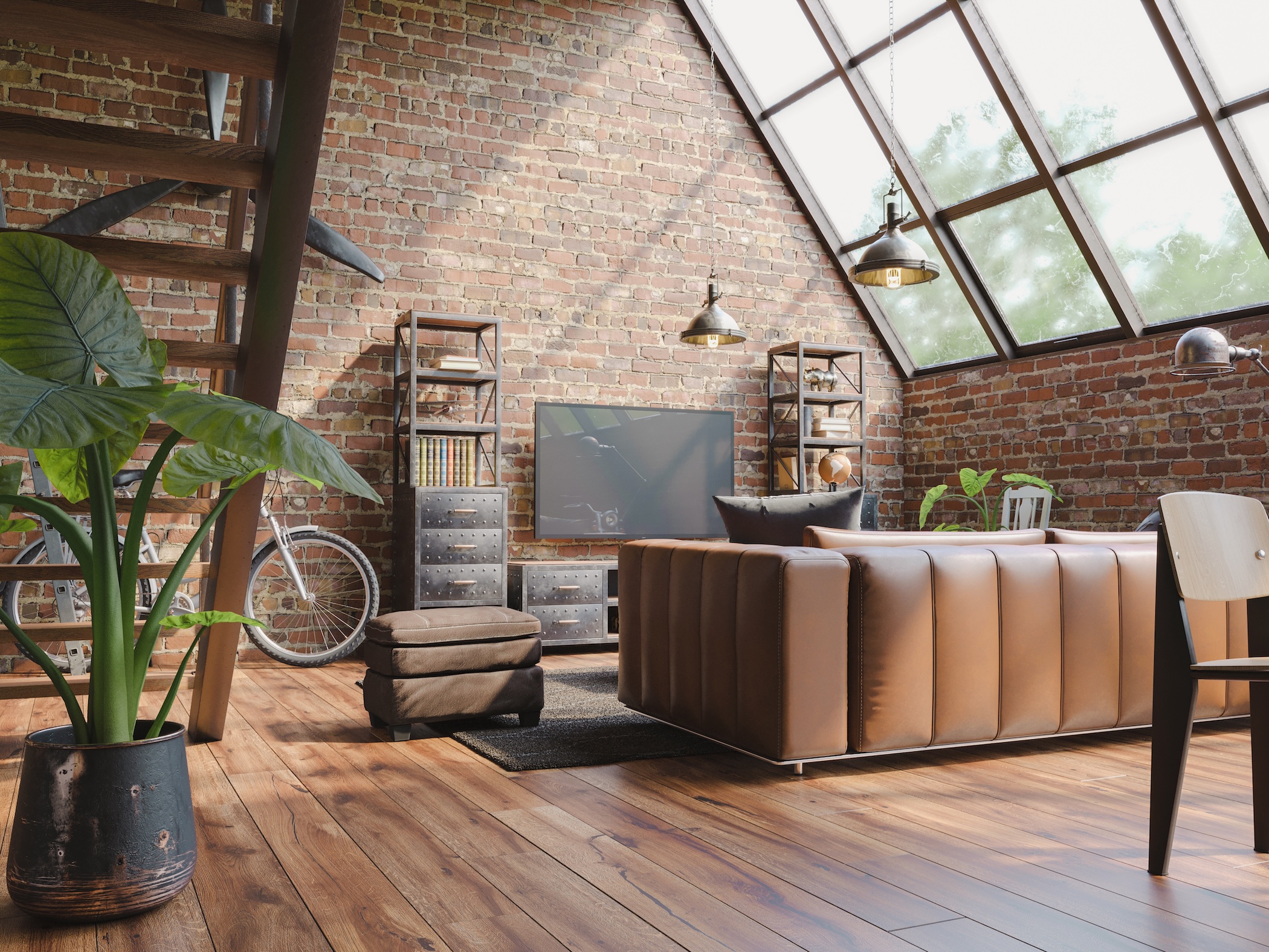 Industrial Style Loft Apartment with indoor balcony, 3d render
