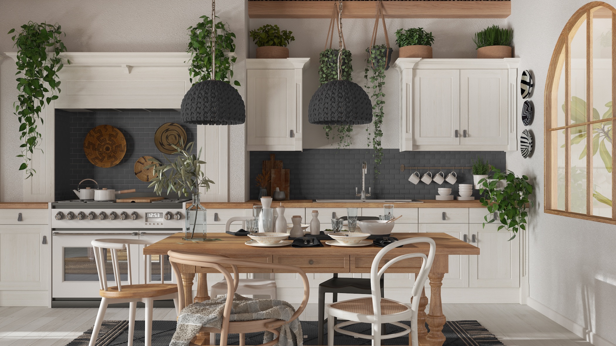 Dining table and kitchen in wooden scandinavian boho style. Table setting in white and gray tones. Country bohemian interior design
