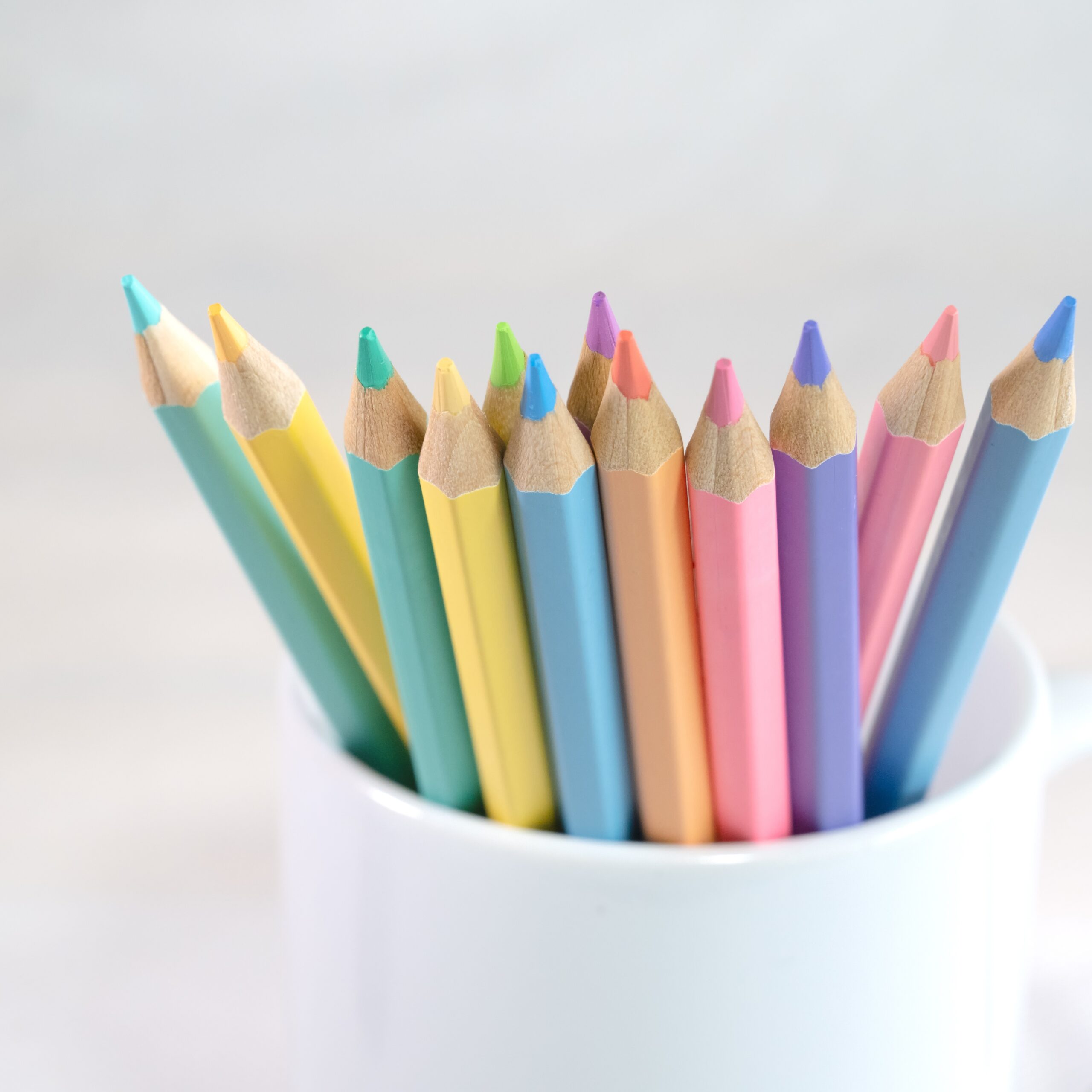 Color pencils, Group of color pencils in a mug with white background, Copy space, Pastel color, Education  concept.