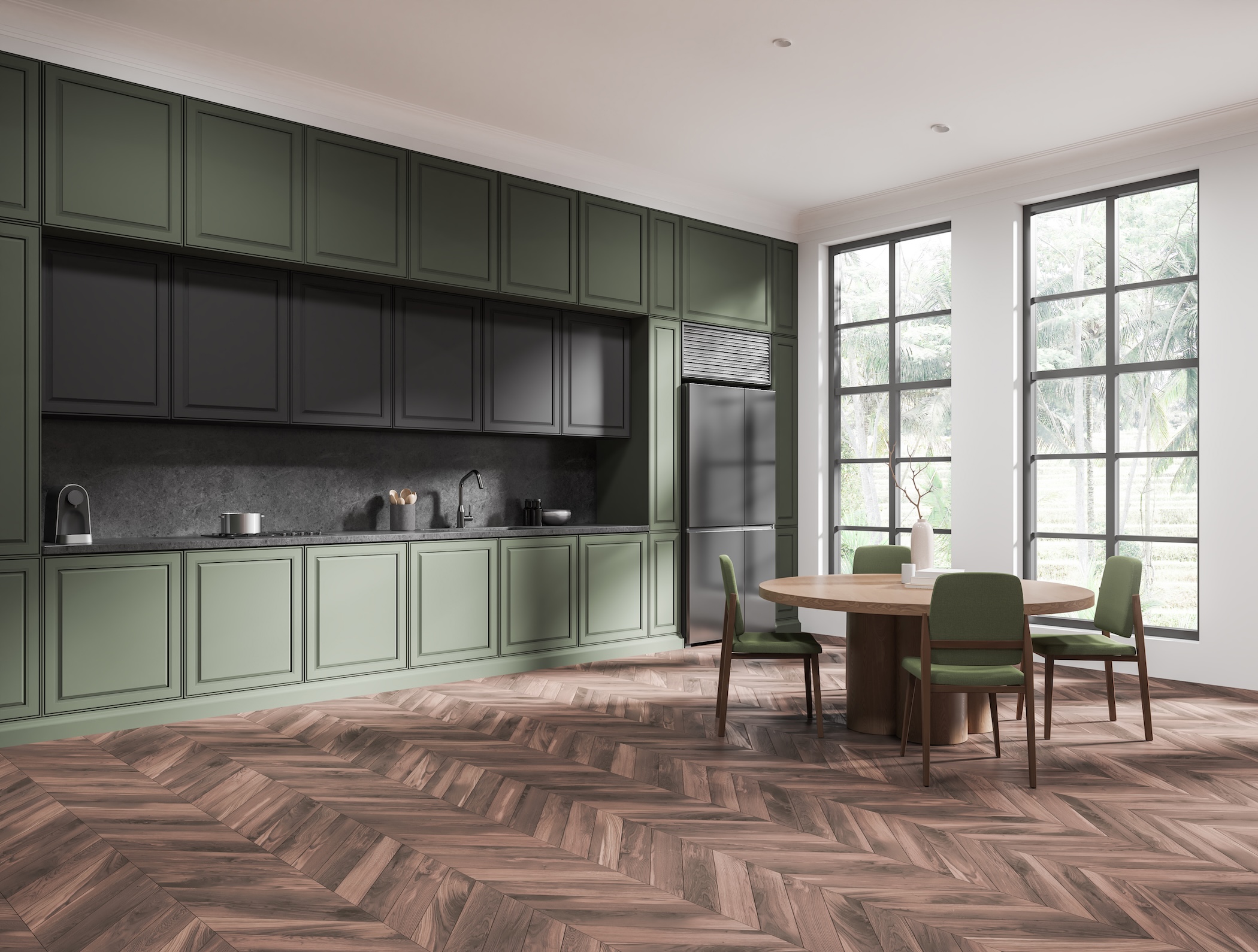 Modern home kitchen interior with eating and cooking corner, window
