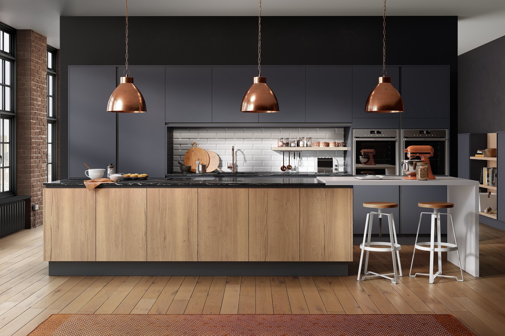 Chic Dark Blue and Woodgrain New England Oak